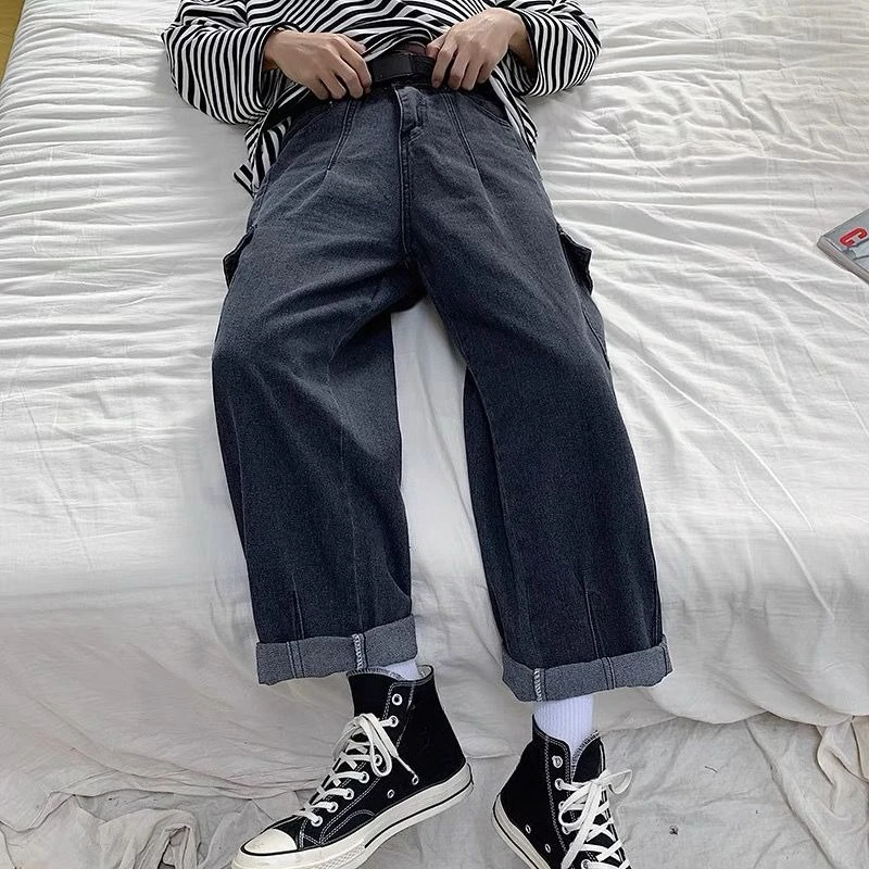 Men's Loose Wide Leg Cargo Jeans Straight Fit Denim Pants Multi Pocket Streetwear Hip Hop Trousers Vintage Baggy
