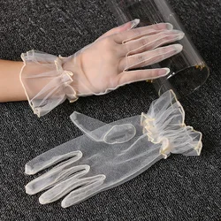 Women Short Tulle Gloves Ultra Thin Lace Full Finger Mittens Sheer  Elegant Wedding Bridal White Gloves Mesh Wrist Black Glove