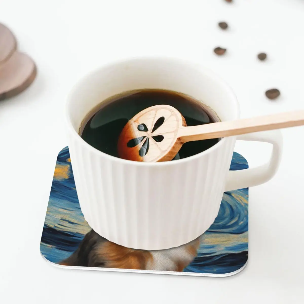 Shetland Sheepdog Dog In A Van Gogh Starry Night Coasters Coffee Mats Mug Cup Tableware Pads for Home Dining Bar