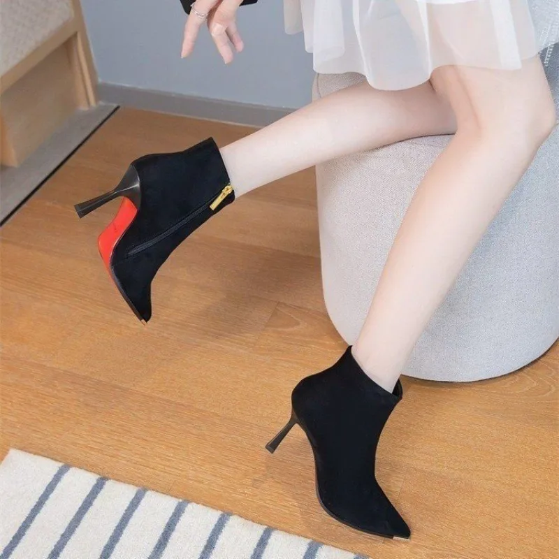 أحذية الموضة النسائية أشار تو ركلة واقية كعب ستيليتو تمتد الهواء الغربي الجانب سستة الجلد المدبوغ أحذية عالية الكعب