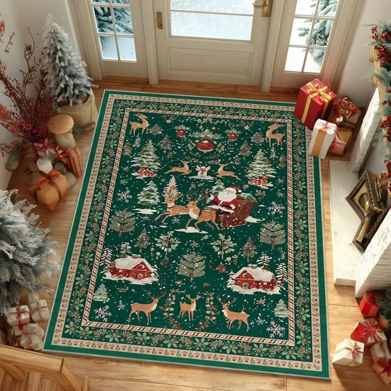 VIKAMA Christmas Tree Area Rug Red Fair Isle Print Non Slip Carpet For Living Room Bedroom Holiday Farmhouse Decor