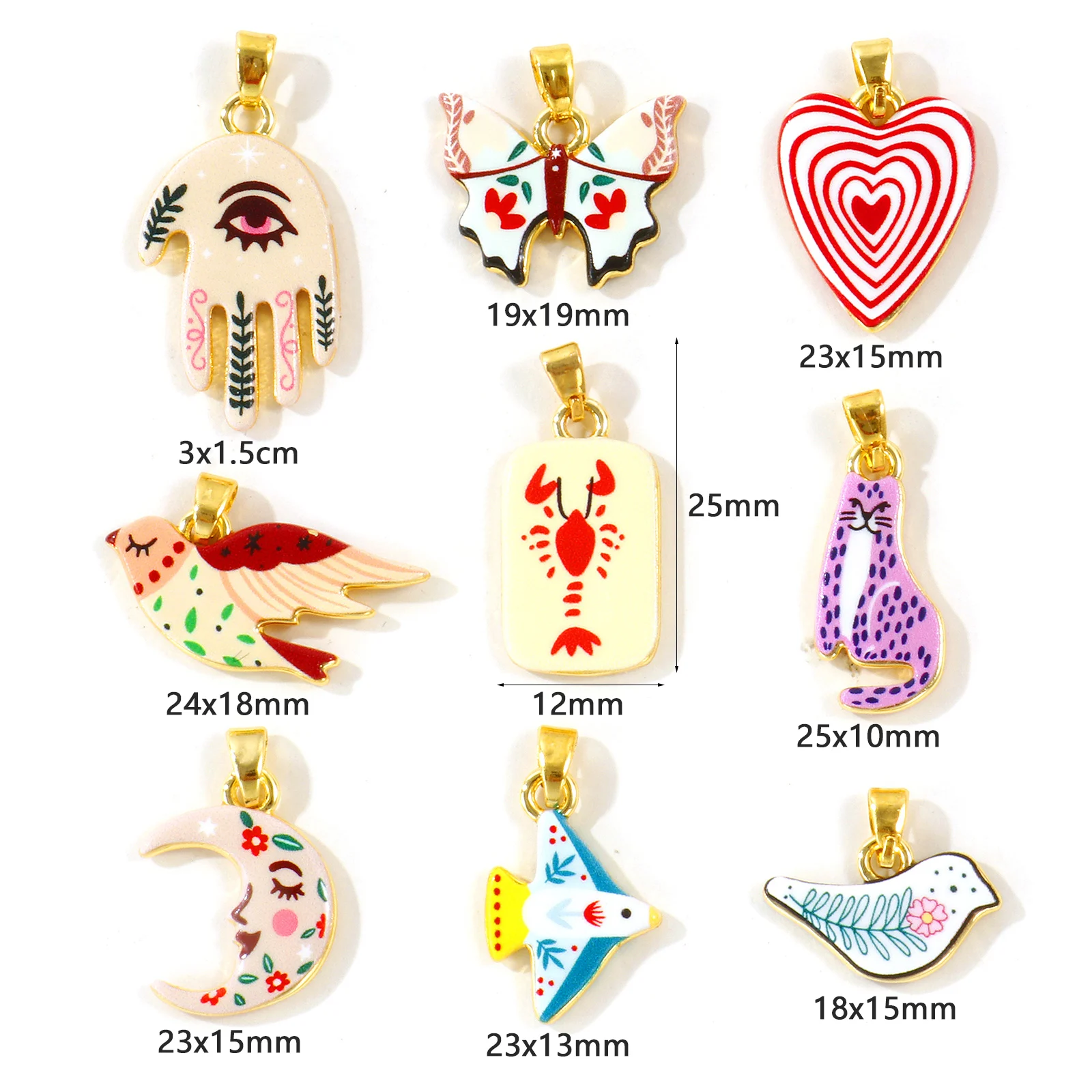 2pcs Multicolor Enamel Heart Bird Moon Double Sided Printed Charms 18K Gold Plated Brass Pendants For Women DIY Necklace Jewelry