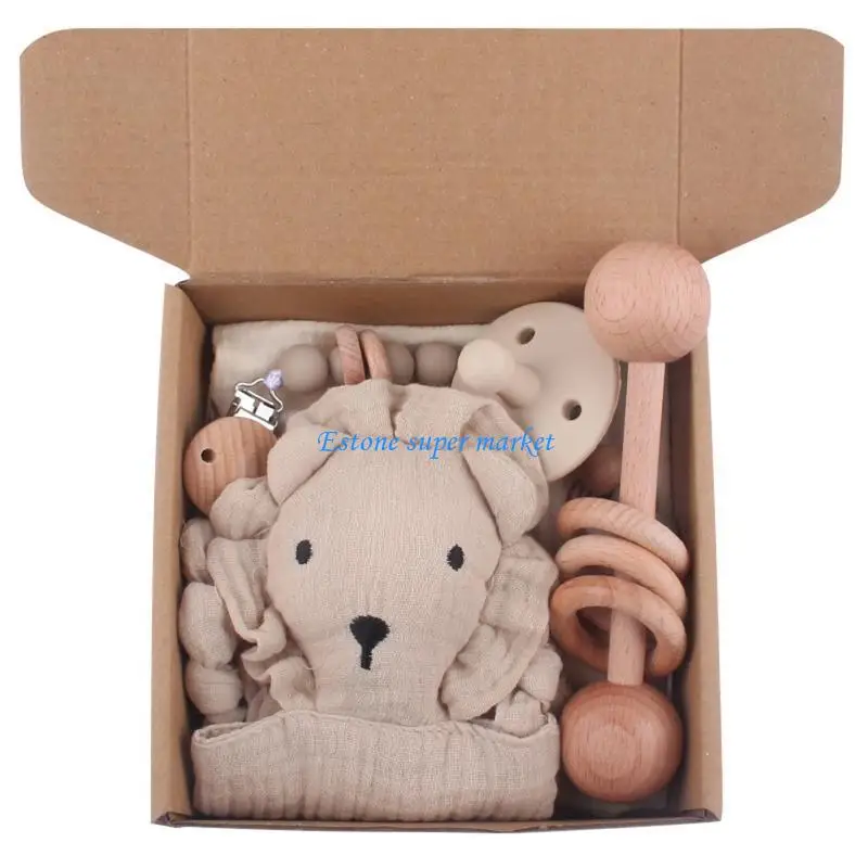 090B Newborn Gift Box Set Cartoon Lion Baby Pacifier Pacifier Chain Appease Towel Bib for Infant Baby Boys Girls Baby Shower