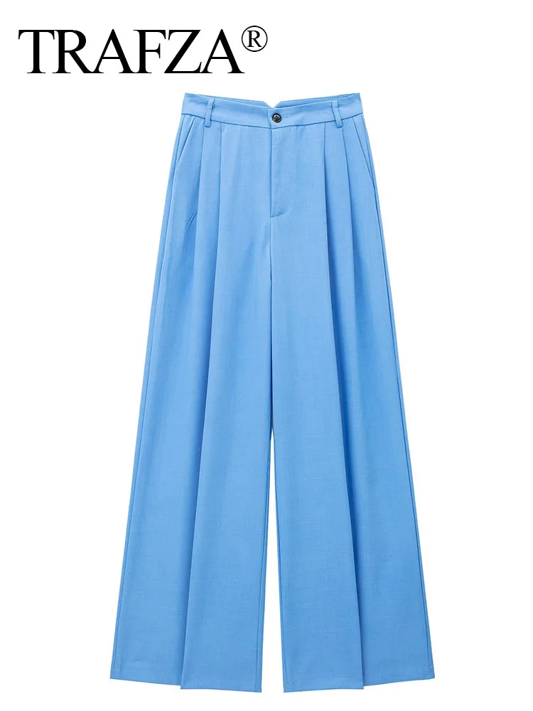 TRAFZA 2024 Women Summer Holiday Pleated High Waist Zipper Pants Female Chic Fashion Ankle-Length Floor-Length Trousers 4 Color