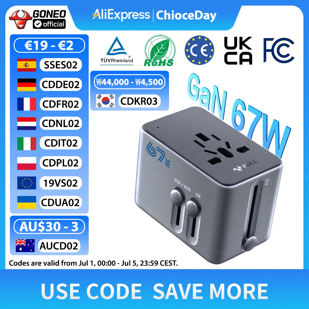 

GONEO 67W GaN Universal Travel Adapter 2USB-C 2USB-A All in One Worldwide Plug Reset Overload EU AU US UK Outlet Converter