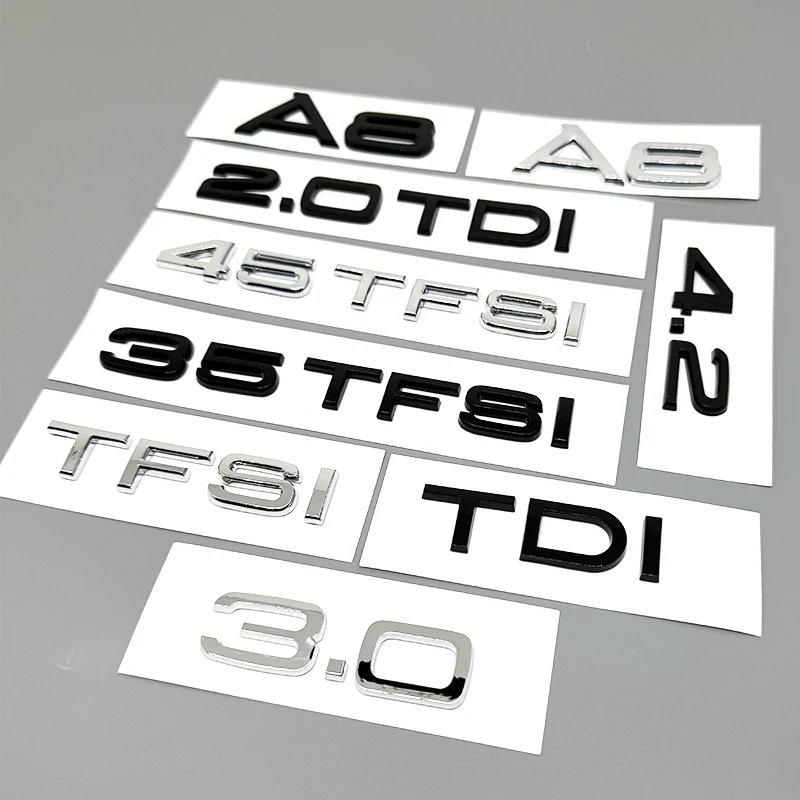 Letters Numbers 3.0 4.2 TDI TFSI 30TFSI 45TFSI 50TFSI 55TFSI Chrome Black Car Trunk Tail Emblem Sticker for Audi A8 Series