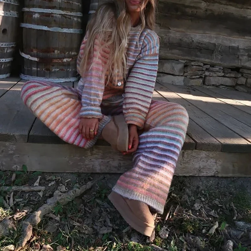 Fashion O-neck Cardigan & Long Pant Set Women Casual Long Sleeve 2Pc Sweater Outfits Elegant Button Colorful Knitted Loose Suit