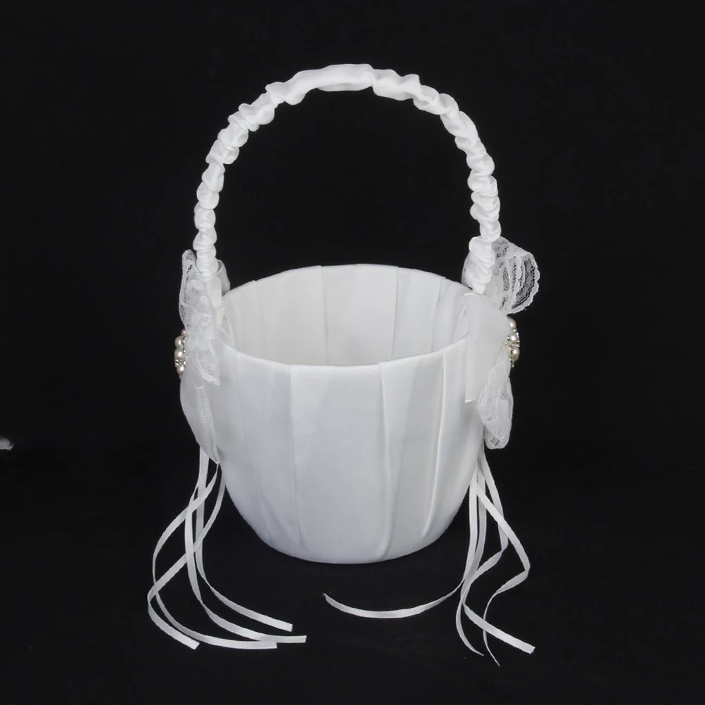 

White Flower Girl Basket 13cm Diameter 22cm Height Wedding Satin Bowknot Faux Pearl Baskets for Ceremony Party Supplies