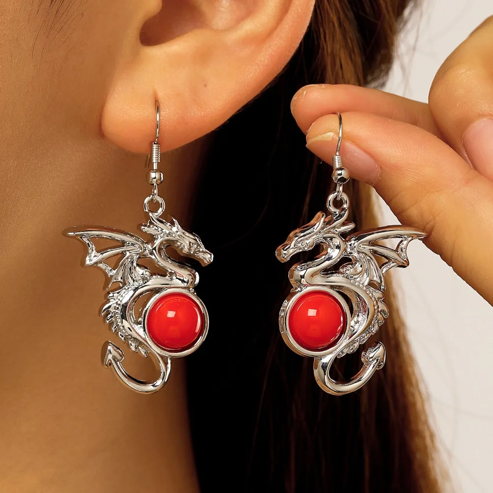 Gothic Punk Sliver Color Flying Dragon Natural Stone Dangle Earrings Necklace Set for Women Halloween Party Jewelry Sets Gifts