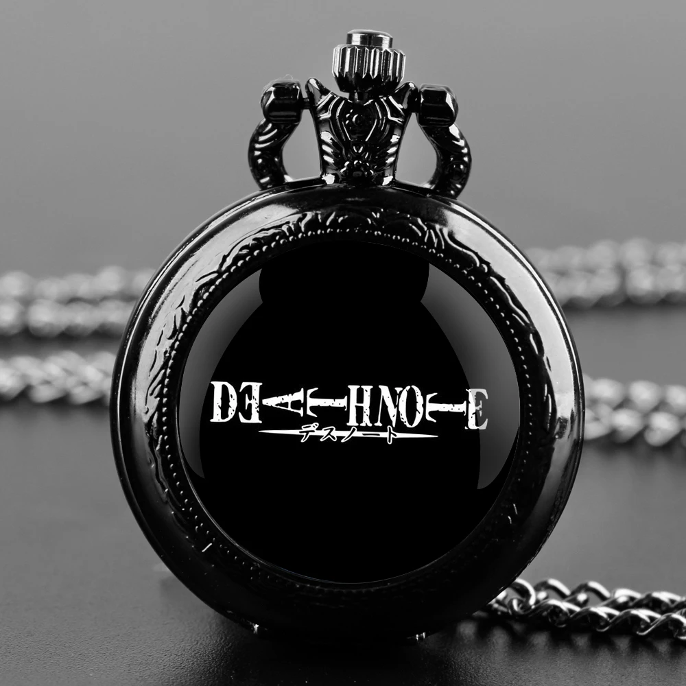 Anime Death Note Design Glass Dome Quartz Pocket Watch with Durable Chain Arabic Numeral Dial for Men and Women Creative Gifts