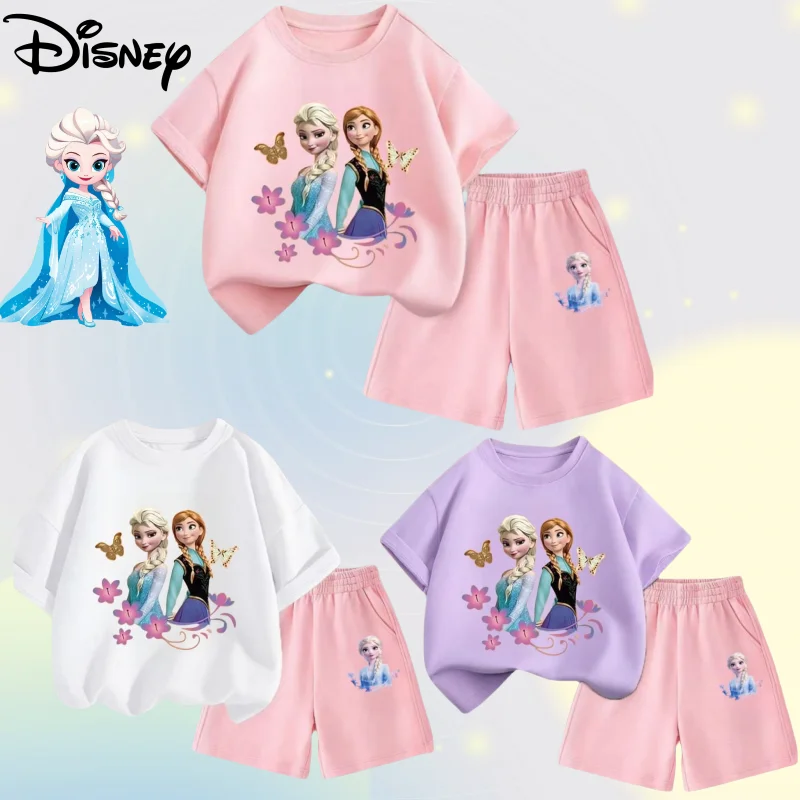 Disney Frozen Elsa Anna princesa niña lindo creativo patrón de dibujos animados Simple moda Casual cómodo pantalones cortos de manga corta traje