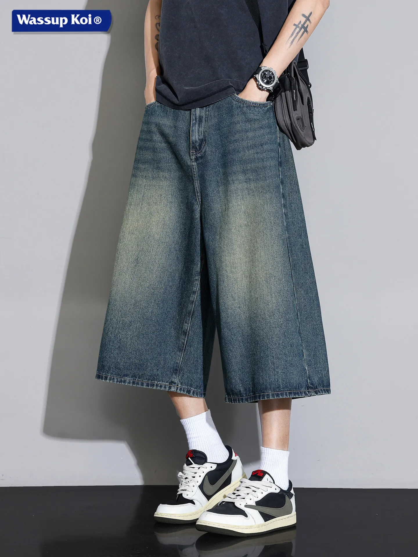 Wassup Koi Jeans Americanos Retro de Cintura Alta y Pierna Ancha para Hombre, Corte Holgado, Color Azul Siete-Cinco, Pantalon...