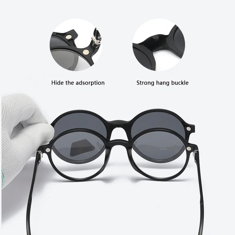 TR90 Round Frame Fashion Polarized Sunglasses Magnetic Suction a Variety Clip Sets Mirror Night Vision Goggles Men