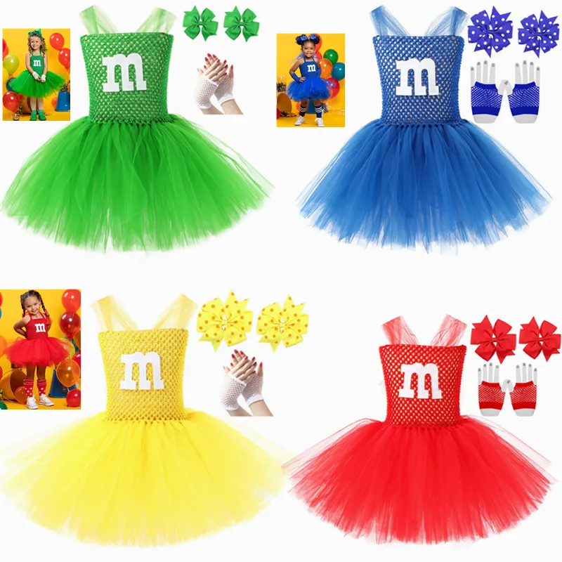 أزياء الهالوين للأطفال اللطيفة على شكل حرف M والشوكولاتة والحلوى التأثيرية فستان M&M للفتيات أخضر أصفر ملون لفريق الهتاف فستان توتو بحروف M