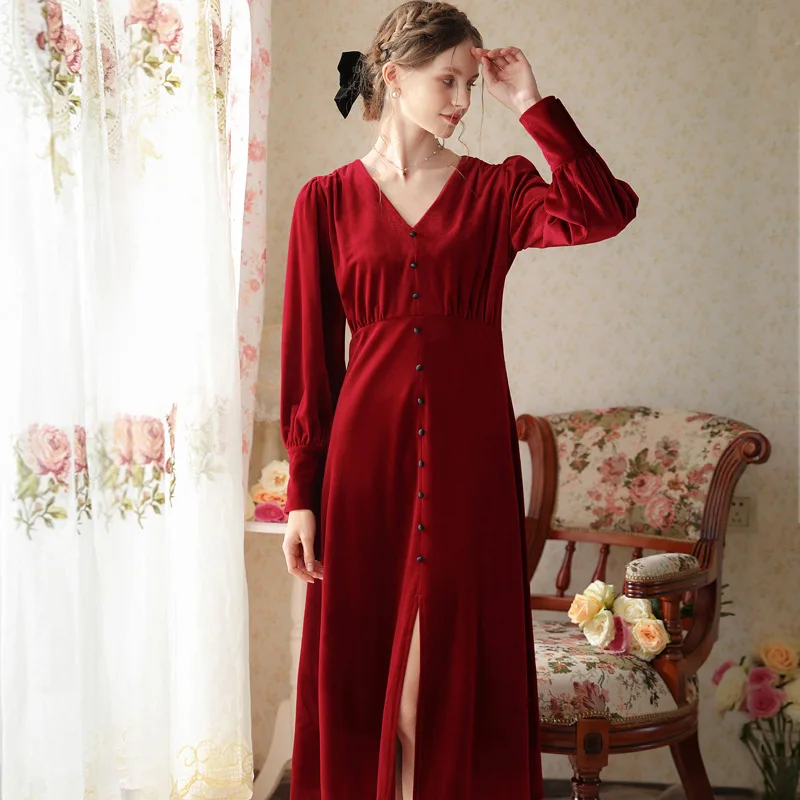 Vintage Women's Nightgown Velvet High Waist women Evening Dress Slim Bottom Split Night Peignoir 2023 Autumn Winter New FG614