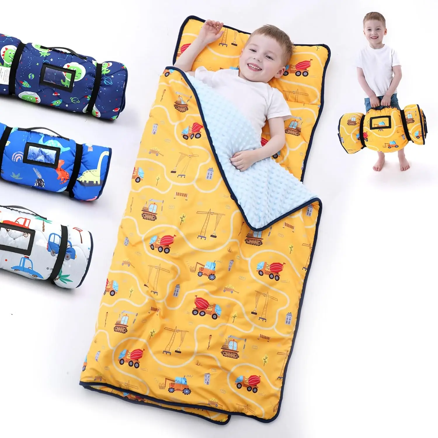 

Thick Roll-Up Toddler Nap Mat with Pillow Blanket Set for Daycare Preschool Kindergarten Boys Girls