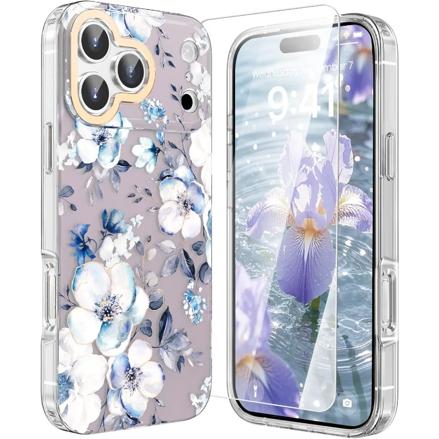 

Совместим с iPhone 17 Pro, чехол с цветами, 6,3 дюйма, милый красивый цветочный узор, прозрачный девчачий дизайн для женщин и девочек, элегантный