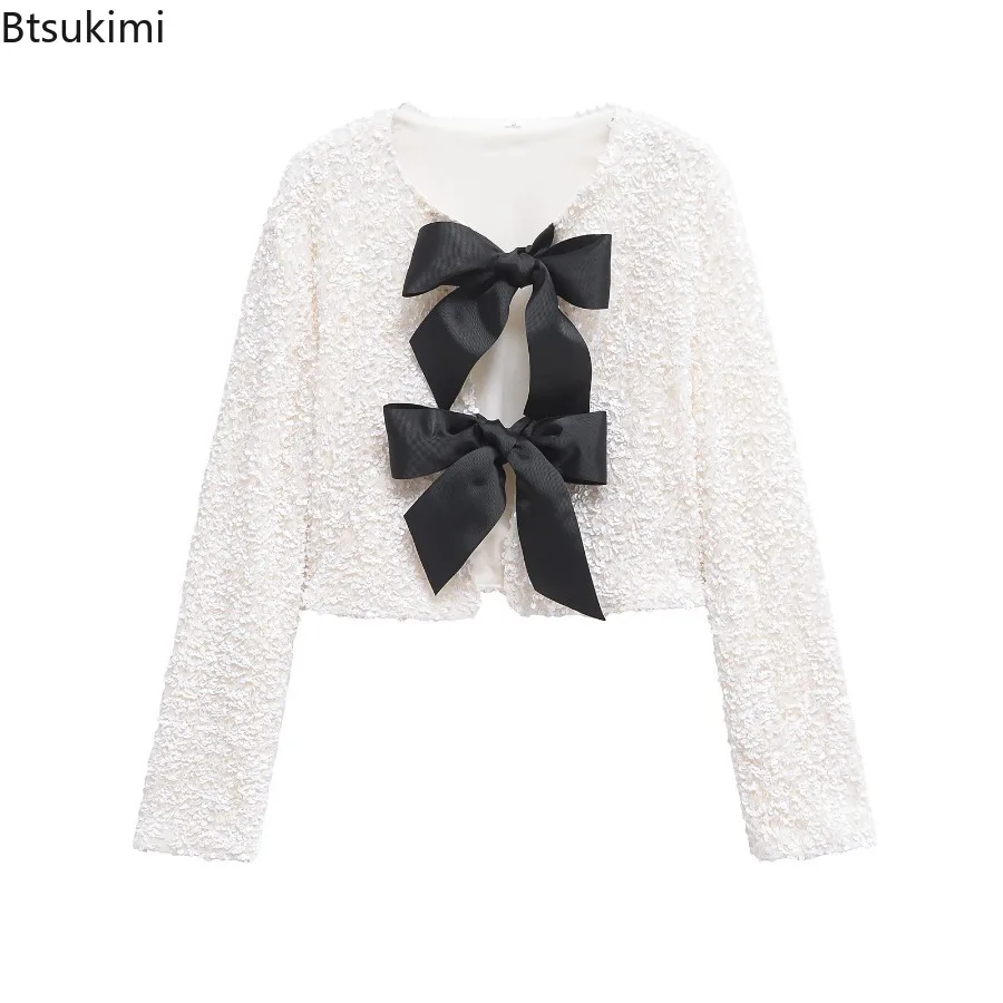 

2025 Women's New Fall Fashion Front Lace-up Bow Tied Sequin Jacket Solid Color Round Neck Long Sleeves Loose Casual Short Coats