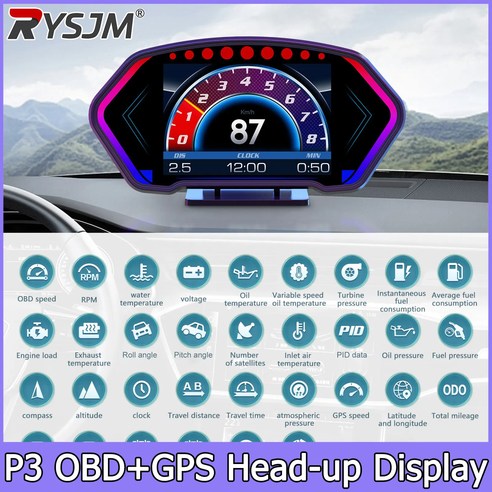 P3 Digital Speedometer Slope Meter Gauge OBD2+GPS Head-up Display Smart On-board Computer Tachometer Water&Oil Temperature Meter