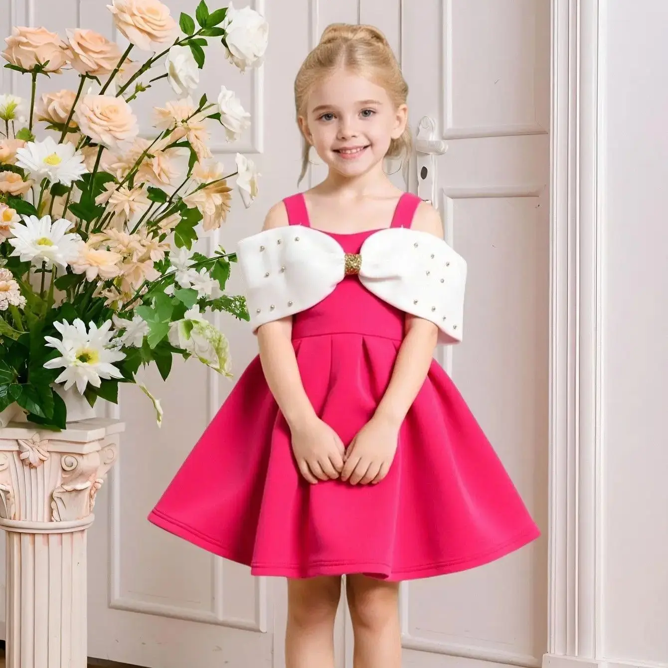 ชุดเดรสเจ้าหญิงประดับลูกปัดผูกโบว์น่ารักสำหรับเด็ก งานวันเกิด งานแต่งงาน พิธีศีลมหาสนิทครั้งแรก คริสต์มาส ปีใหม่ งานประกวด