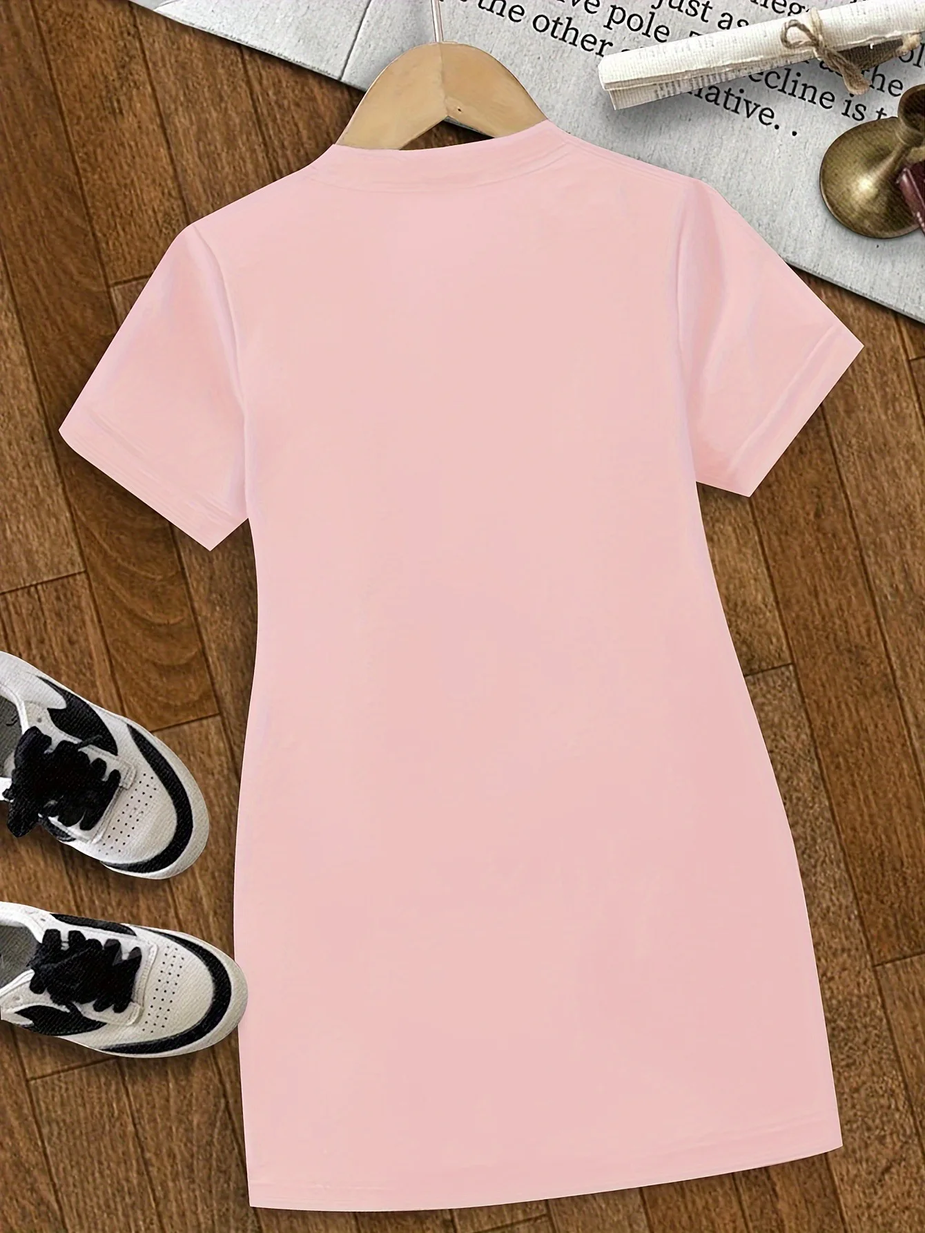 Ins Children's Clothing Girls' T-Shirt Long Dress for Older Children, Pink Bow Print, Round Neck, Short Sleeve Casual T-Shirt Dress, Pink Bow Paired with Pink Clothing, Comfortable for Home and Versatile for Going Out