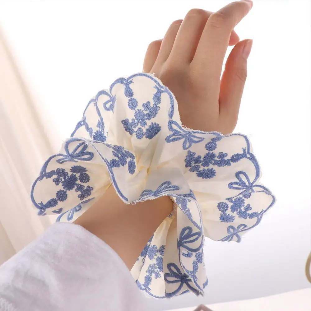

Exquisite Flower Shape Lace Scrunchies Bow Cloth Elastic Hair Bands Blue Hair Tie Embroidery Large Hair Scrunchies Ladies