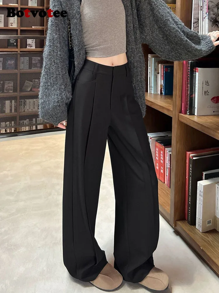กางเกงสแล็คผู้หญิงทรงตรงเอวสูงสีดำ แบรนด์ Botvotee รุ่น Office Elegant  แฟชั่นกางเกงขายาวทรงกว้าง มีกระเป๋า