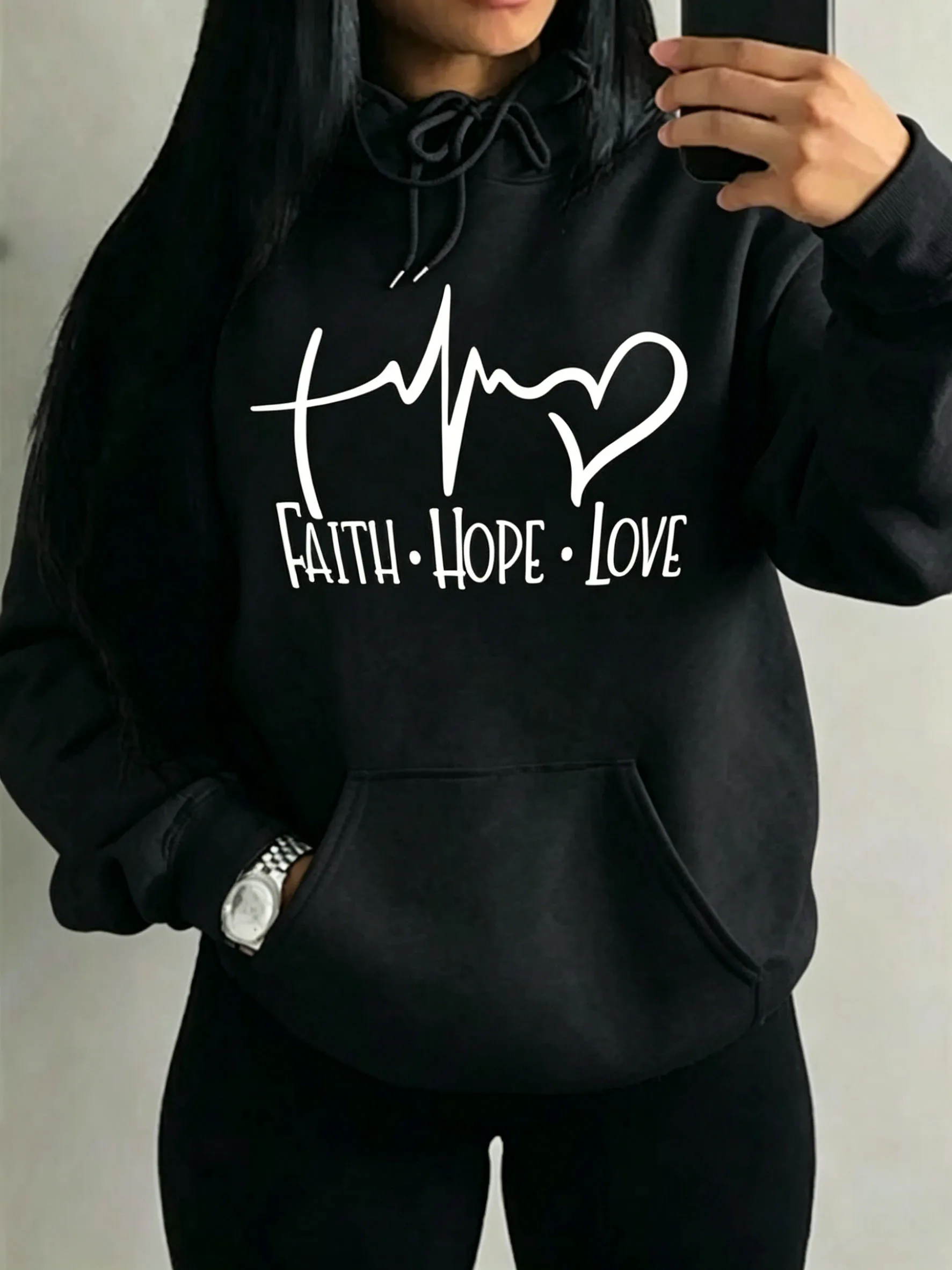 Fashion Faith Hope Love Letter Graphic Hoodies Women Loose Oversized Heart Pulse Print  Sweatshirt Black Daily Casual Hoody