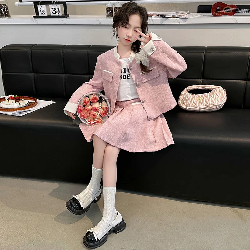 

Spring French design teen Girls Fragrance clothes Set 2024 Fashion Contrasting colors coat+Short Skirt 2pcs Girls College suit