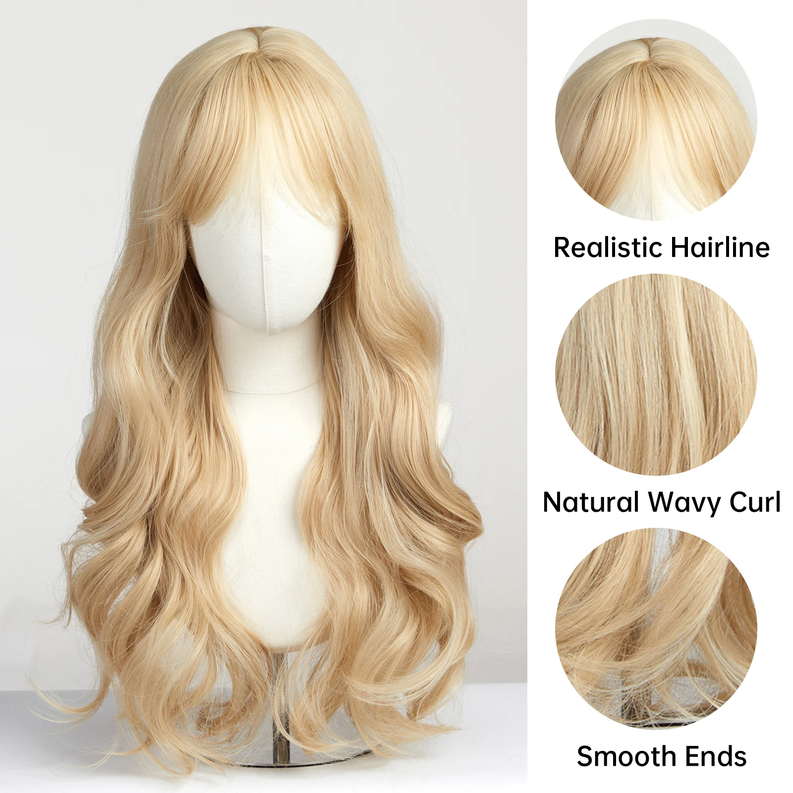 Light Blonde Golden Synthetic Wigs with Bangs Long Water Wavy Cosplay Lolita Natural Hair Wigs for Women Afro Heat Resistant Use