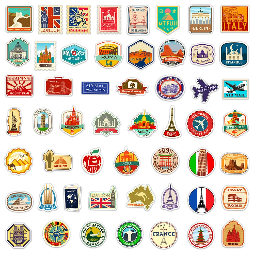 10/30/50PCS World Landmark Travel Cartoon Graffiti Stickers Laptop Phone Snowboard Luggage Fridge DIY Decal Kid Toy Cool Sticker