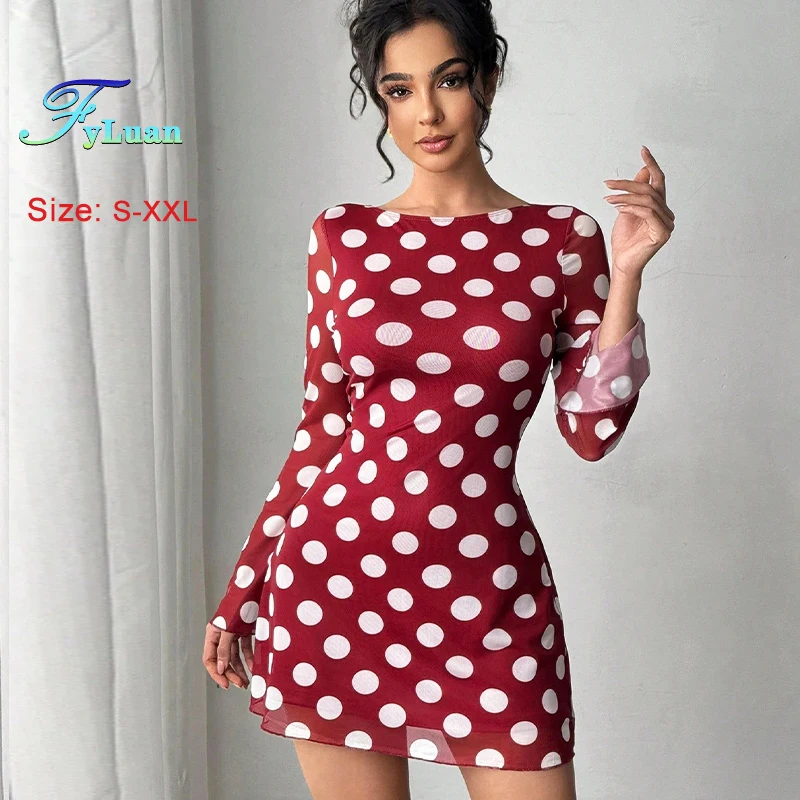 2025 Nuovo vestito da donna Sexy Sheer Mesh Round Dot Manica svasata Mini abito femminile Backless Manica lunga Nightclub Party Abito corto