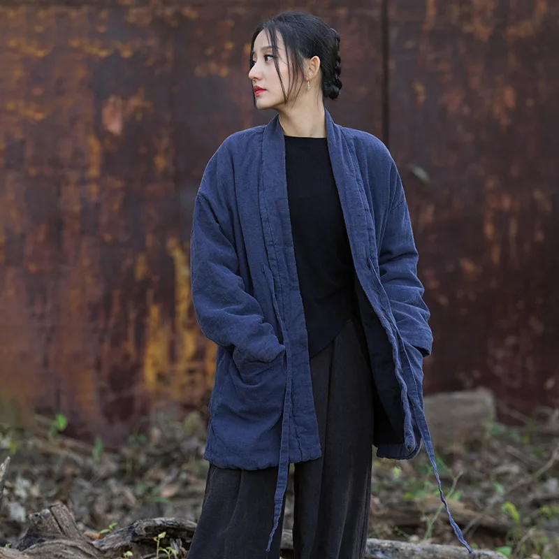 

Autumn Winter Cotton Linen Women's Parkas Coat Warm New Quilted Thicken Retro Mid-length Cotton Padded Jacket Tie-up Cardigan