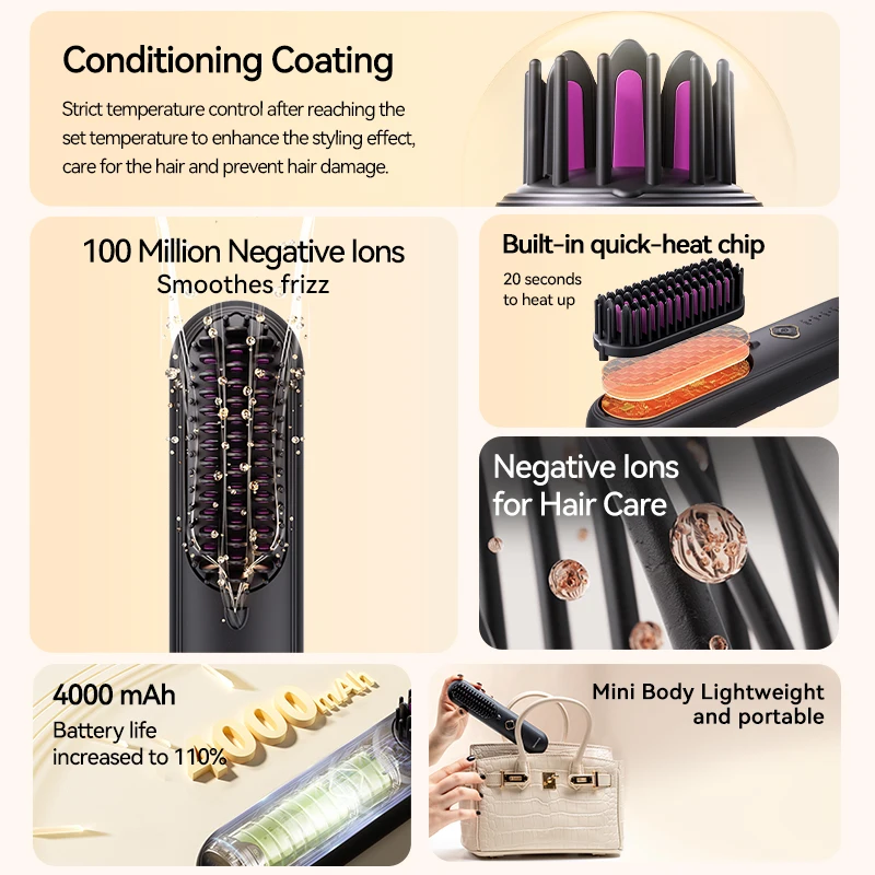مشط تمليس الشعر اللاسلكي 100 مليون أداة تصفيف محمولة من السيراميك الأيونية السالبة بطارية 4000 مللي أمبير في الساعة أداة شعر للسفر
