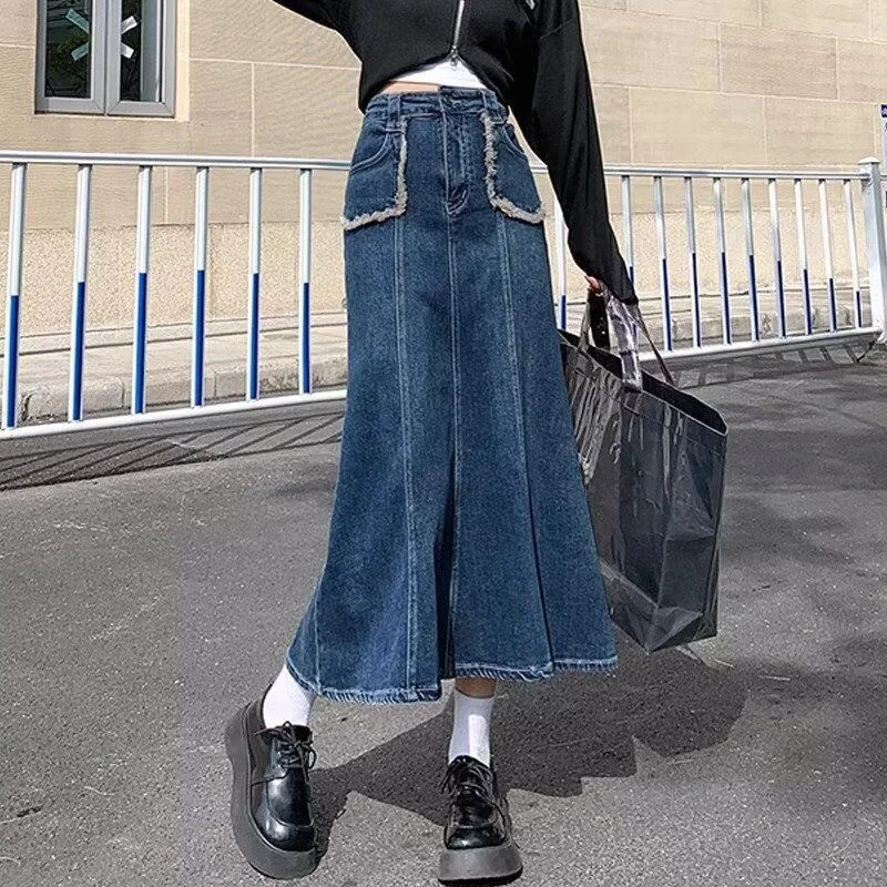 

Синяя джинсовая юбка А-силуэта для женщин, новая весенняя коллекция, большие размеры, облегающая, с высокой талией, на молнии, повседневная, с эффектом «рыбий хвост»