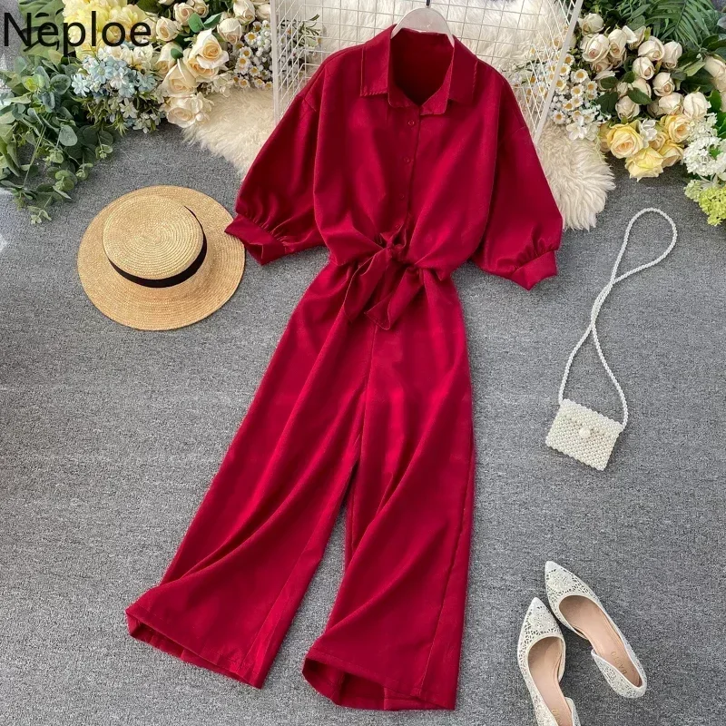 Neploe Vacanza Estiva 2 Pezzi Set da Donna Sexy Vita Sottile Piega Design Tuta a Gamba Larga + Colletto Rovesciato Camicia a Maniche Corte Vestito