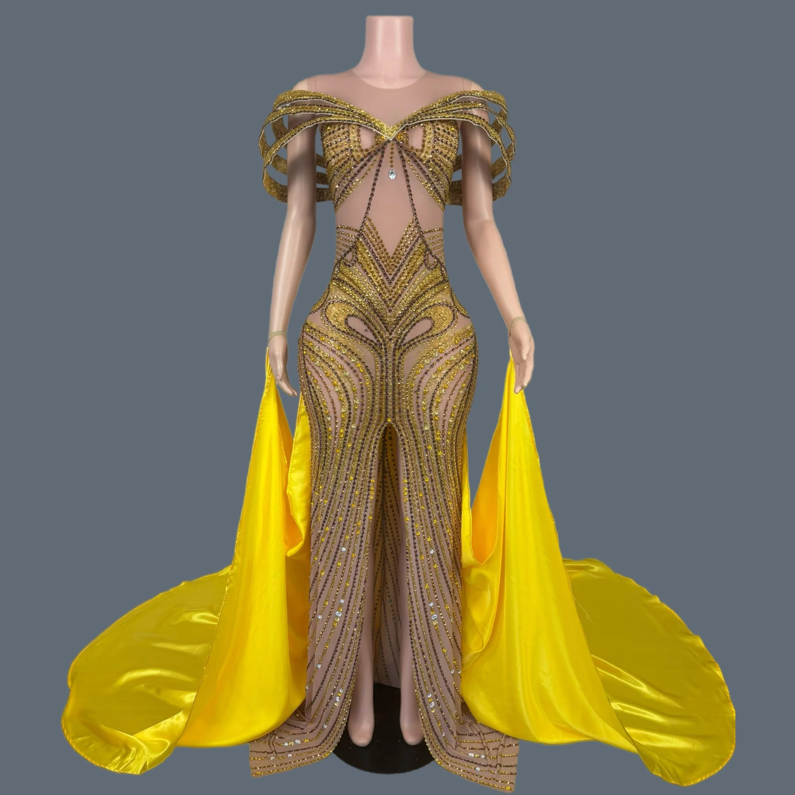 

Длинное вечернее платье Yadianna с высокими боковыми разрезами для клубных вечеринок, выпускных, мероприятий, сценических выступлений, украшенное блестящими стразами