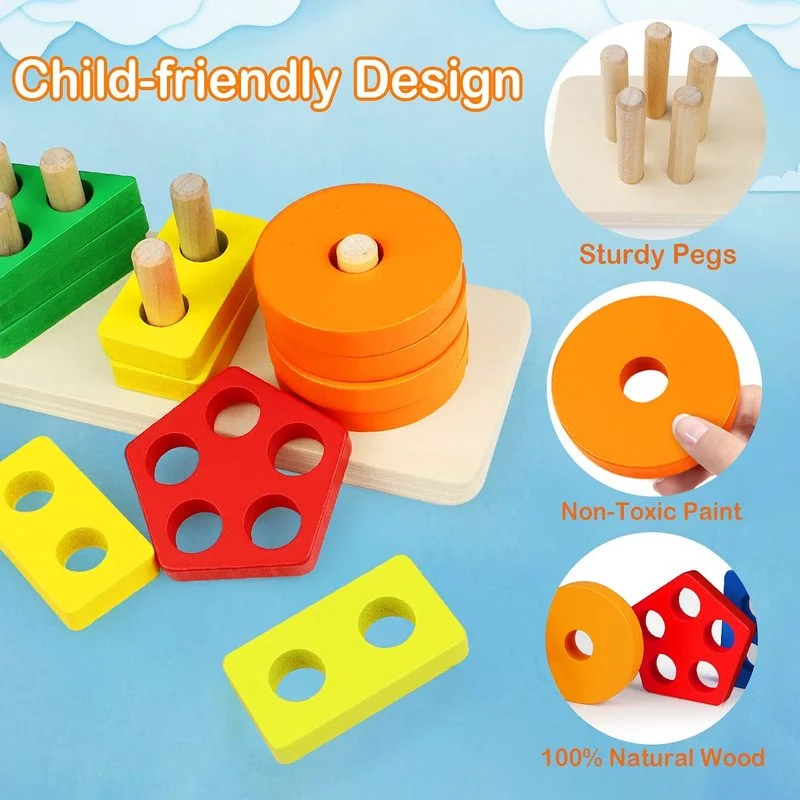 Montessori Wooden Geometric Shape Five Sets of Columns Blocks Assembling Children\'s Enlightenment Early Education Puzzle Toys