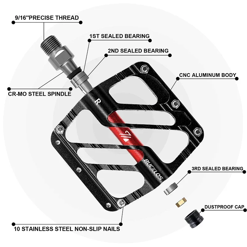 BUCKLOS 3 Bearings Bicycle Pedals Ultralight CNC Non-Slip MTB Pedals Aluminum Alloy Flat Pedals Waterproof Bicycle Accessories