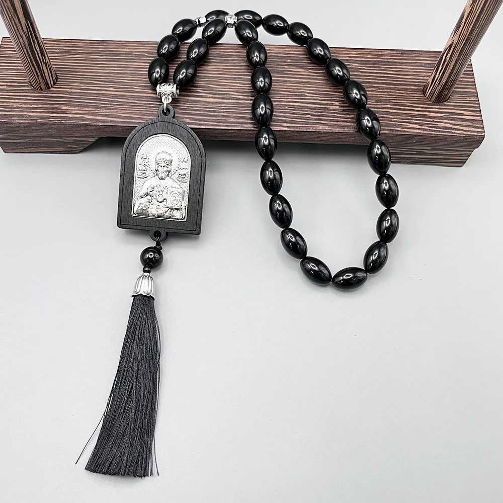 GS141- Car Rearview Mirror 3-Layer Spiral Wood Embedded Alloy Tassel Acrylic Beads With Russian Miracle Worker Nicholas Pendants