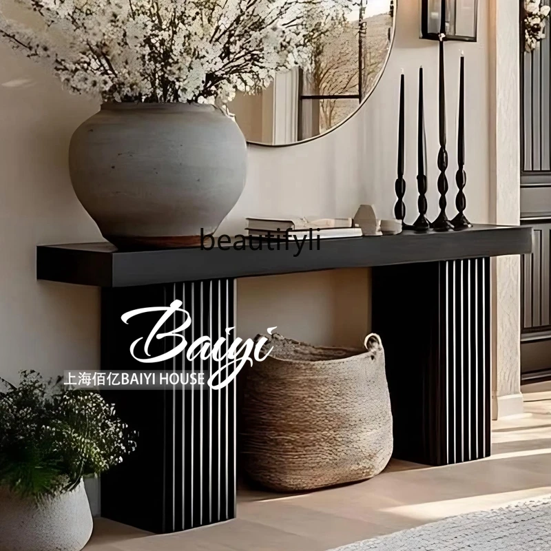 

French Style Entryway Table Solid Wood Vintage Ultra-Narrow Entryway Console Against the Wall Black End View Table