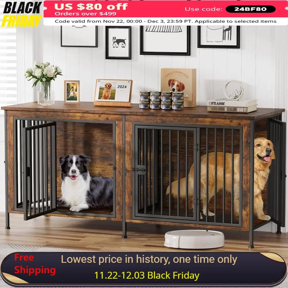 78 Inch Dog Cage Furniture, Extra Large Double Dogs Crate Furniture Large Breed, XXL Thick Wooden Dog Crate Furniture TV Stand