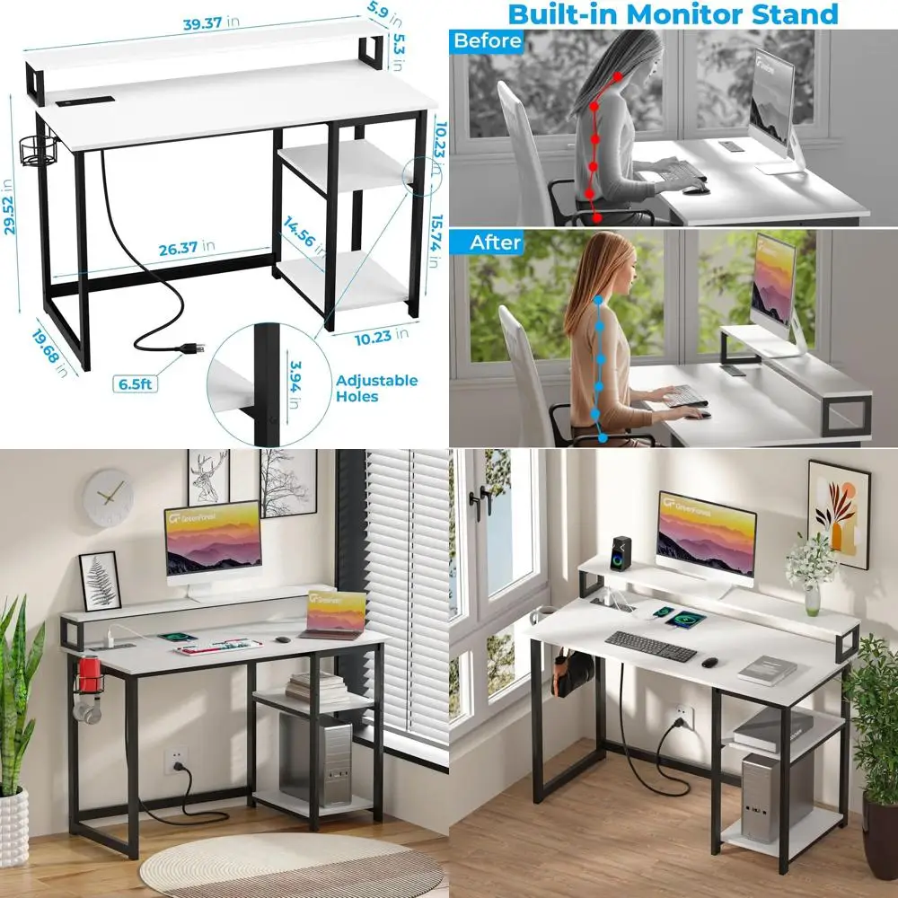 

40-дюймовый стол для домашнего офиса с розетками, небольшой компьютерный стол с эргономичной подставкой для монитора, двусторонний игровой стол, современный стол
