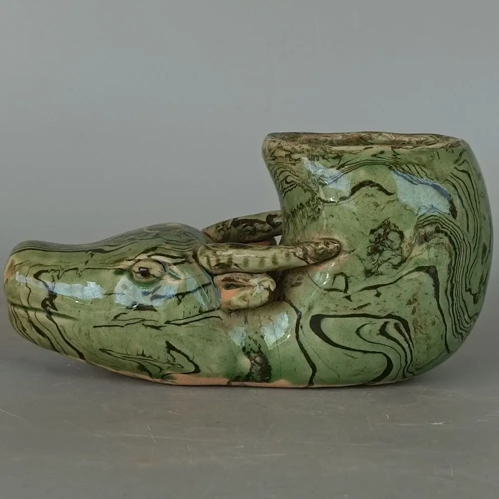 Tang Marbled Clay Green Glaze Ox Head Porcelain Wine Cup Decor