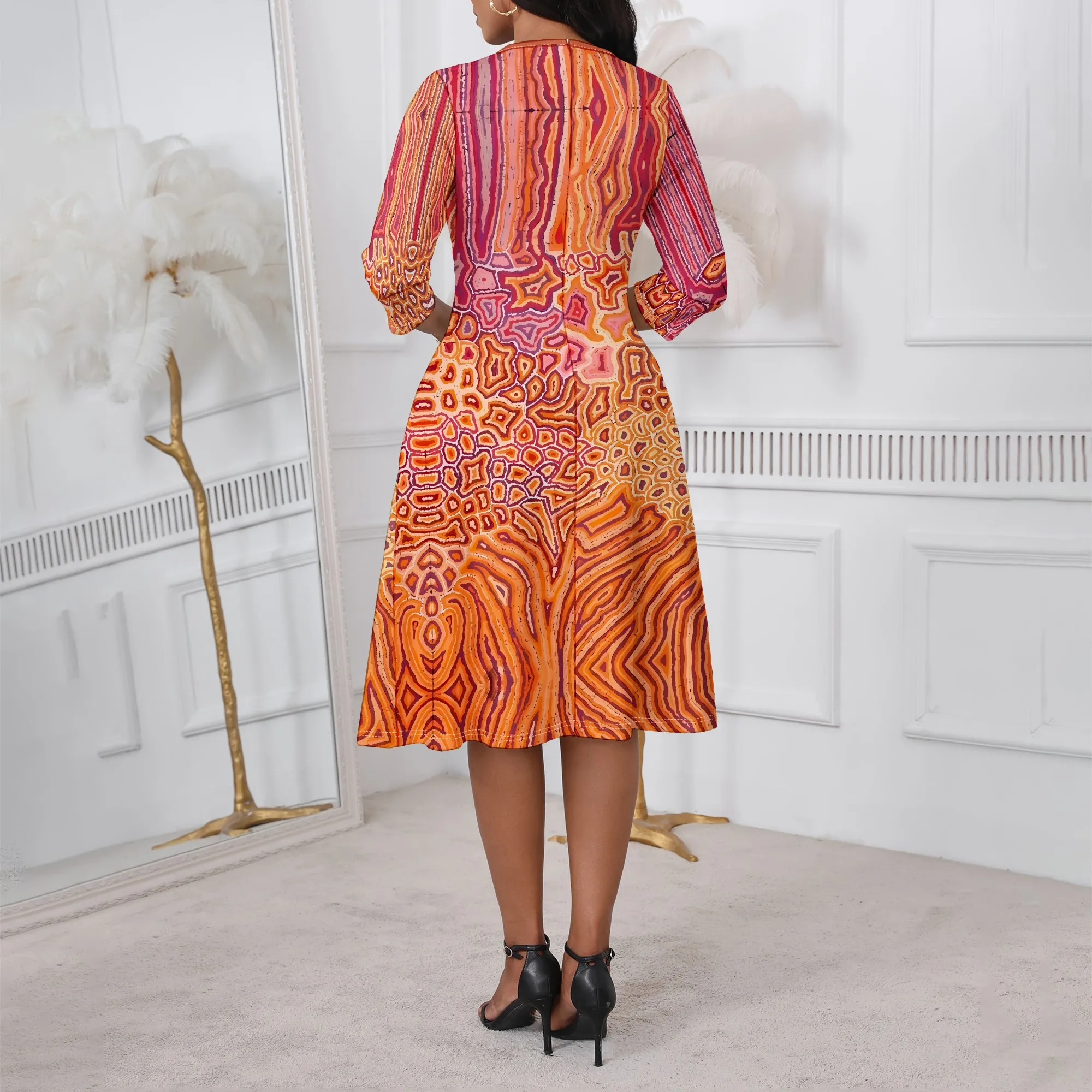 Abito longuette con stampa etnica Boho Abito estivo da donna con scollo a V con motivo tribale arancione rosa