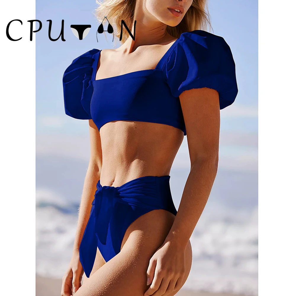 CPUTAN 2024 Push Up Bikini Set Puff Sleeve Two Piece Solid Brazilian Biquini Swimwear Bathing Suit For Girls Summer Beachwear