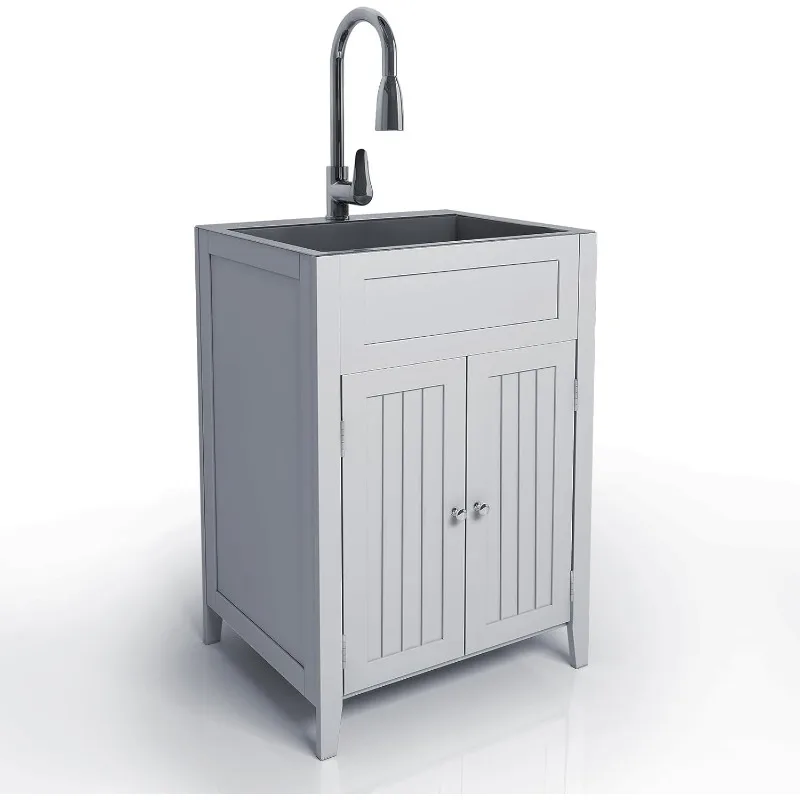 

24-Inch Laundry Sink with Cabinet and Pull-Out Sprayer Faucet, Stainless Steel Utility Sink with Cabinet, Grey Cabinet