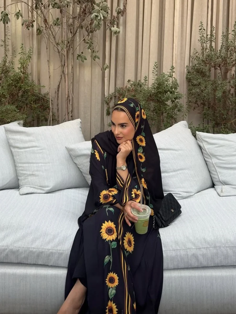 Mulheres muçulmanas dubai abaya girassol impressão quimono cardigan luxo preto vestido longo modesto kaftan robe femme roupas islâmicas