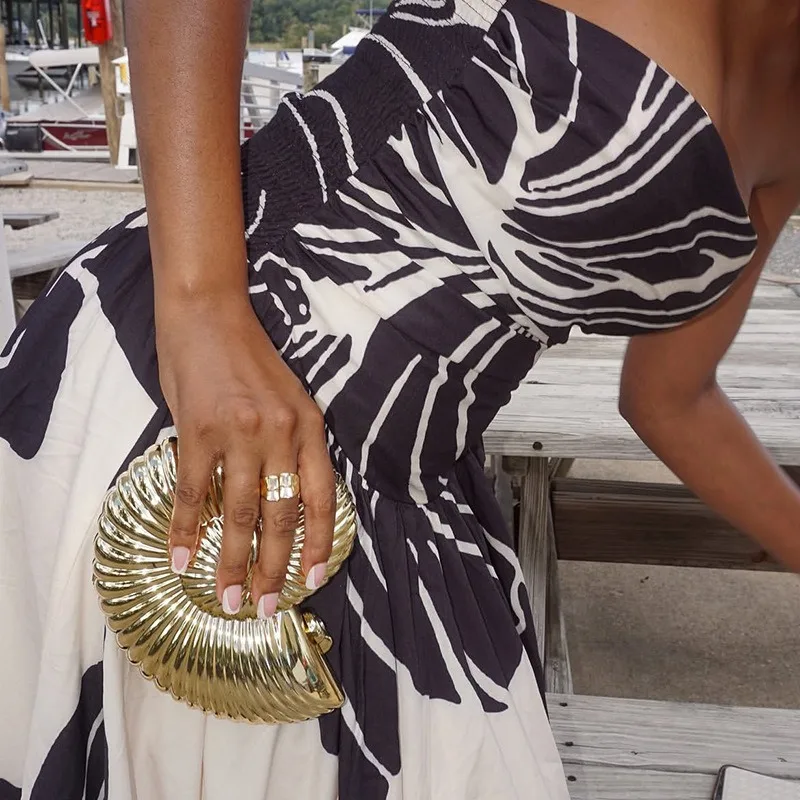 Robe longue plissée trapèze sans bretelles, col en V, sans manches, dos nu, à imprimé floral noir et blanc pour femmes