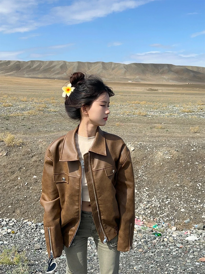 Veste en cuir PU pour femme, col rabattu rétro, manches longues, conception de fermeture éclair, vestes taille fine, CombFemale, automne, hiver, nouveau, 2024